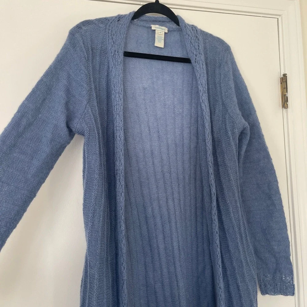 Sundance Blue Kid Mohair Wool Loose Knit Open‎ Duster Cardigan Sweater Size XS